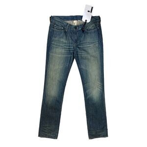 L'Ogan 28 (33) Dark Wash Slim Rogan Jeans Straight Leg Light Distress Mid Rise
